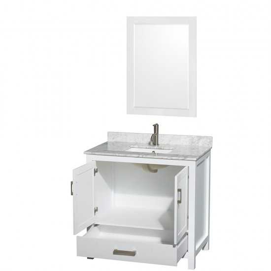 36 Inch Single Bathroom Vanity in White, White Carrara Marble Countertop, Sink, 24 Inch Mirror