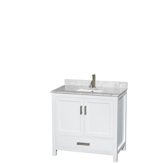 36 Inch Single Bathroom Vanity in White, White Carrara Marble Countertop, Sink, 24 Inch Mirror