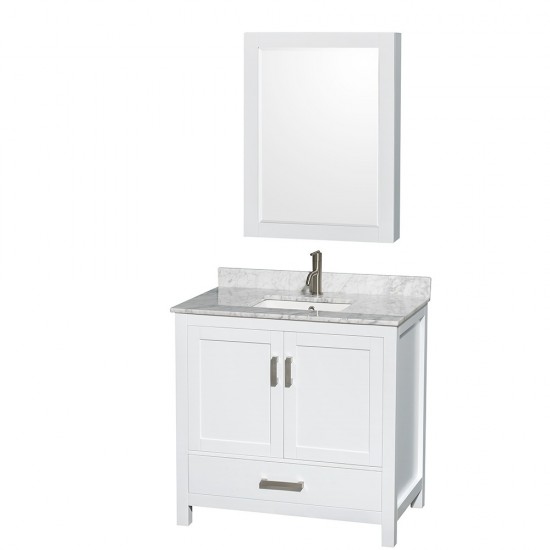 36 Inch Single Bathroom Vanity in White, White Carrara Marble Countertop, Sink, Medicine Cabinet