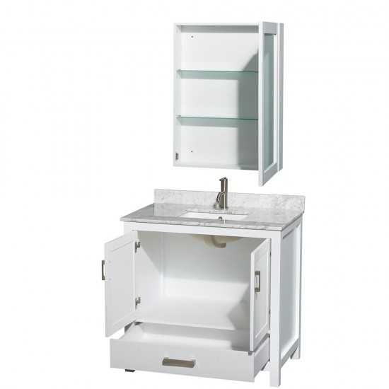 36 Inch Single Bathroom Vanity in White, White Carrara Marble Countertop, Sink, Medicine Cabinet