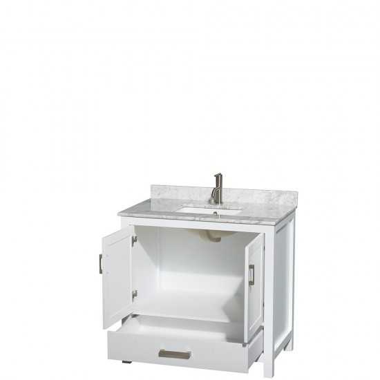 36 Inch Single Bathroom Vanity in White, White Carrara Marble Countertop, Sink, No Mirror