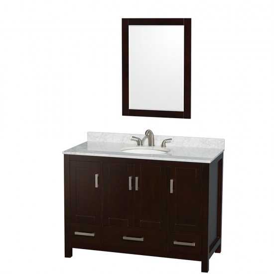 48 Inch Single Bathroom Vanity in Espresso, White Carrara Marble Countertop, Oval Sink, 24 Inch Mirror