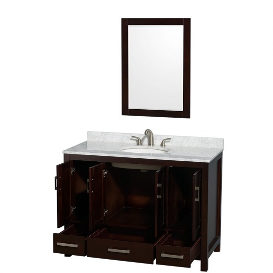 48 Inch Single Bathroom Vanity in Espresso, White Carrara Marble Countertop, Oval Sink, 24 Inch Mirror