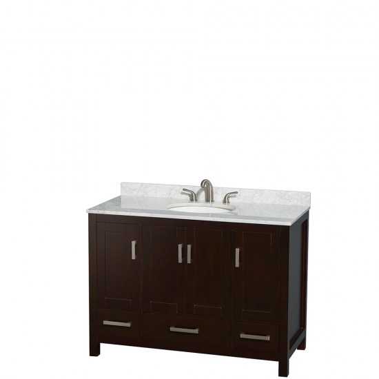 48 Inch Single Bathroom Vanity in Espresso, White Carrara Marble Countertop, Oval Sink, 24 Inch Mirror