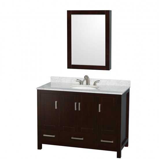 48 Inch Single Bathroom Vanity in Espresso, White Carrara Marble Countertop, Oval Sink, Medicine Cabinet