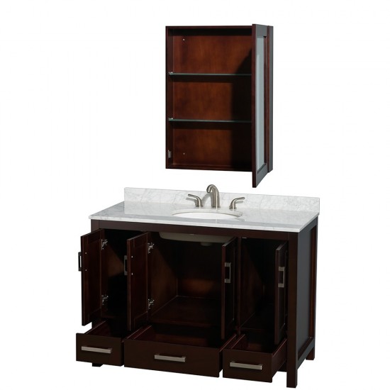 48 Inch Single Bathroom Vanity in Espresso, White Carrara Marble Countertop, Oval Sink, Medicine Cabinet