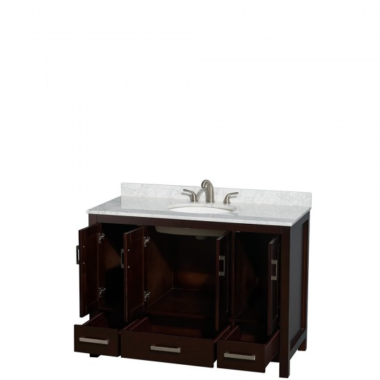 48 Inch Single Bathroom Vanity in Espresso, White Carrara Marble Countertop, Oval Sink, No Mirror