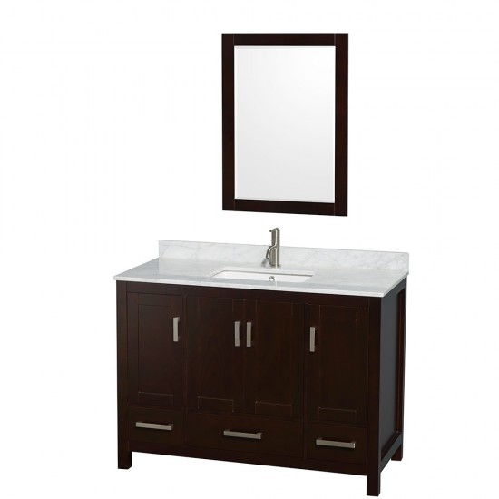 48 Inch Single Bathroom Vanity in Espresso, White Carrara Marble Countertop, Sink, 24 Inch Mirror