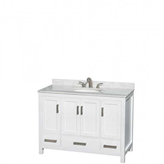 48 Inch Single Bathroom Vanity in White, White Carrara Marble Countertop, Oval Sink, 24 Inch Mirror