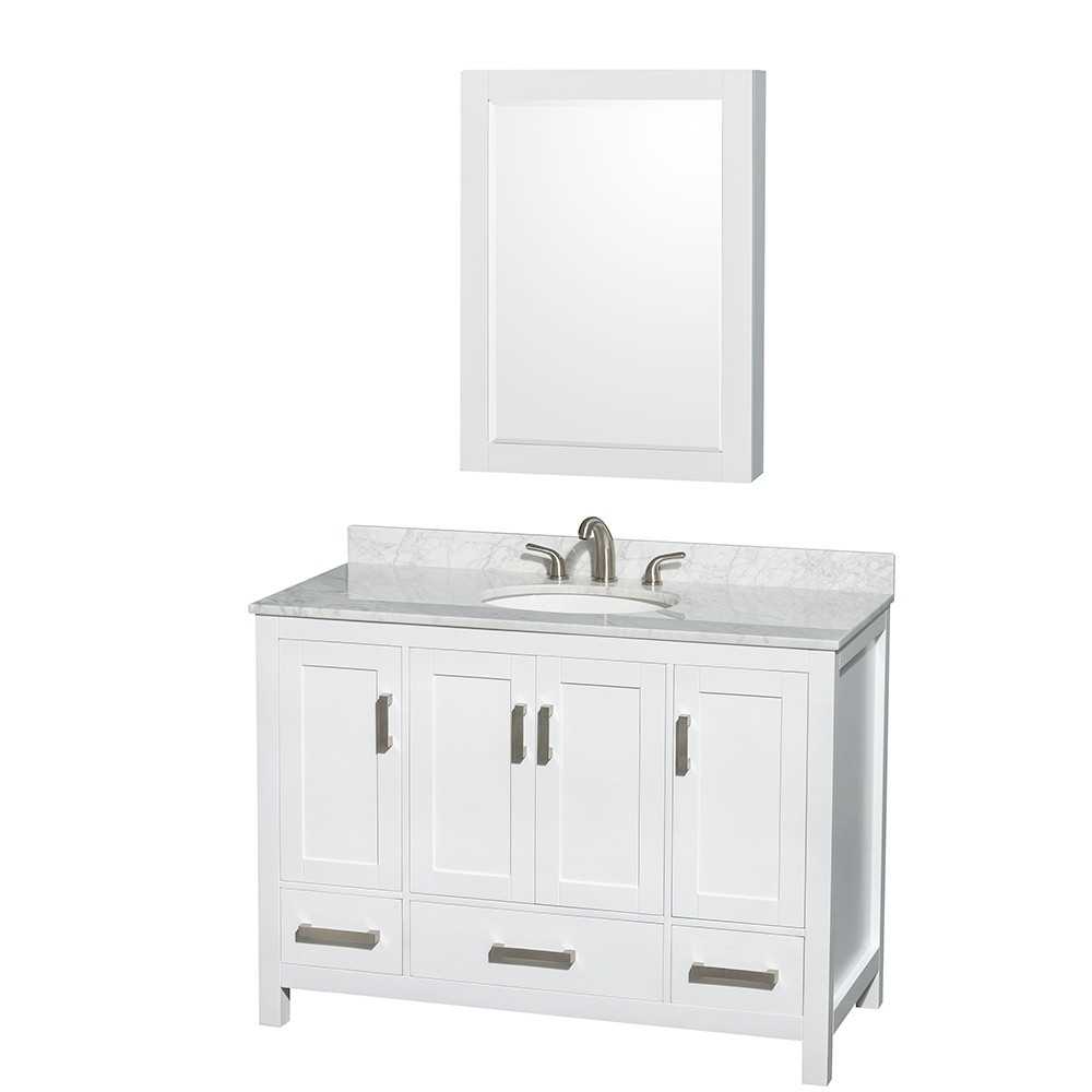 48 Inch Single Bathroom Vanity in White, White Carrara Marble Countertop, Oval Sink, Medicine Cabinet