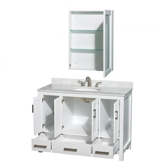 48 Inch Single Bathroom Vanity in White, White Carrara Marble Countertop, Oval Sink, Medicine Cabinet