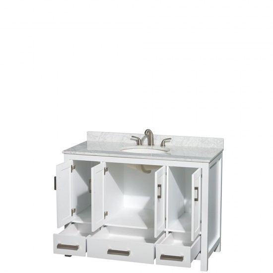 48 Inch Single Bathroom Vanity in White, White Carrara Marble Countertop, Oval Sink, No Mirror