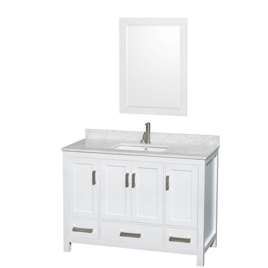 48 Inch Single Bathroom Vanity in White, White Carrara Marble Countertop, Sink, 24 Inch Mirror