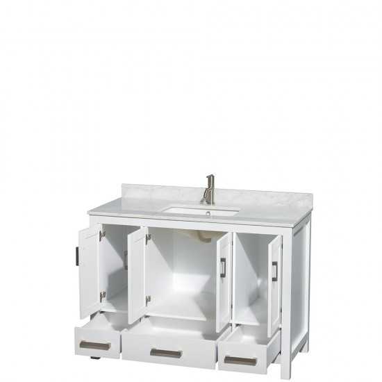 48 Inch Single Bathroom Vanity in White, White Carrara Marble Countertop, Sink, No Mirror