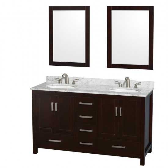 60 Inch Double Bathroom Vanity in Espresso, White Carrara Marble Countertop, Oval Sinks, 24 Inch Mirrors