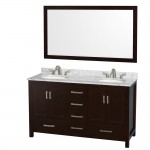 60 Inch Double Bathroom Vanity in Espresso, White Carrara Marble Countertop, Oval Sinks, 58 Inch Mirror