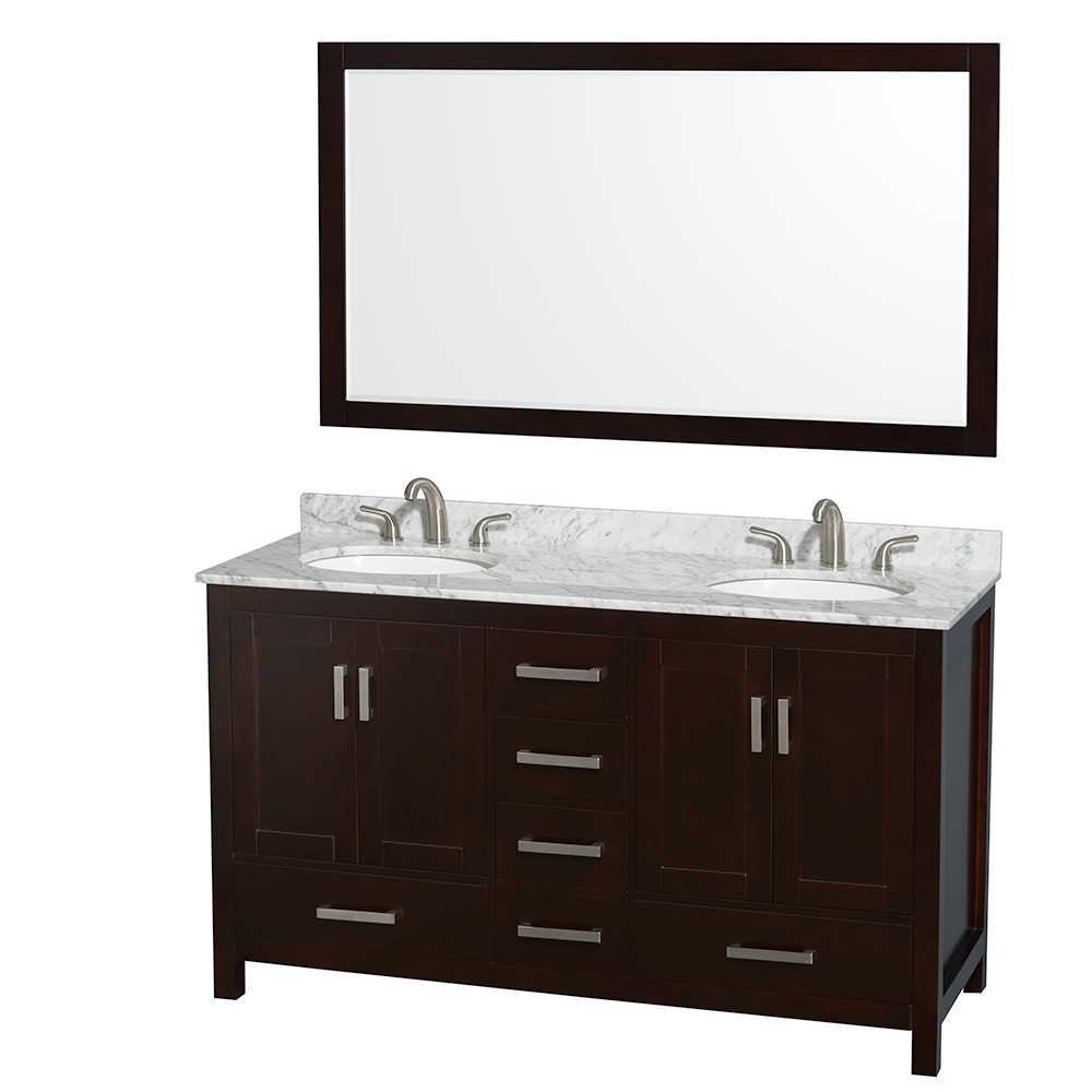 60 Inch Double Bathroom Vanity in Espresso, White Carrara Marble Countertop, Oval Sinks, 58 Inch Mirror