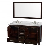 60 Inch Double Bathroom Vanity in Espresso, White Carrara Marble Countertop, Oval Sinks, 58 Inch Mirror