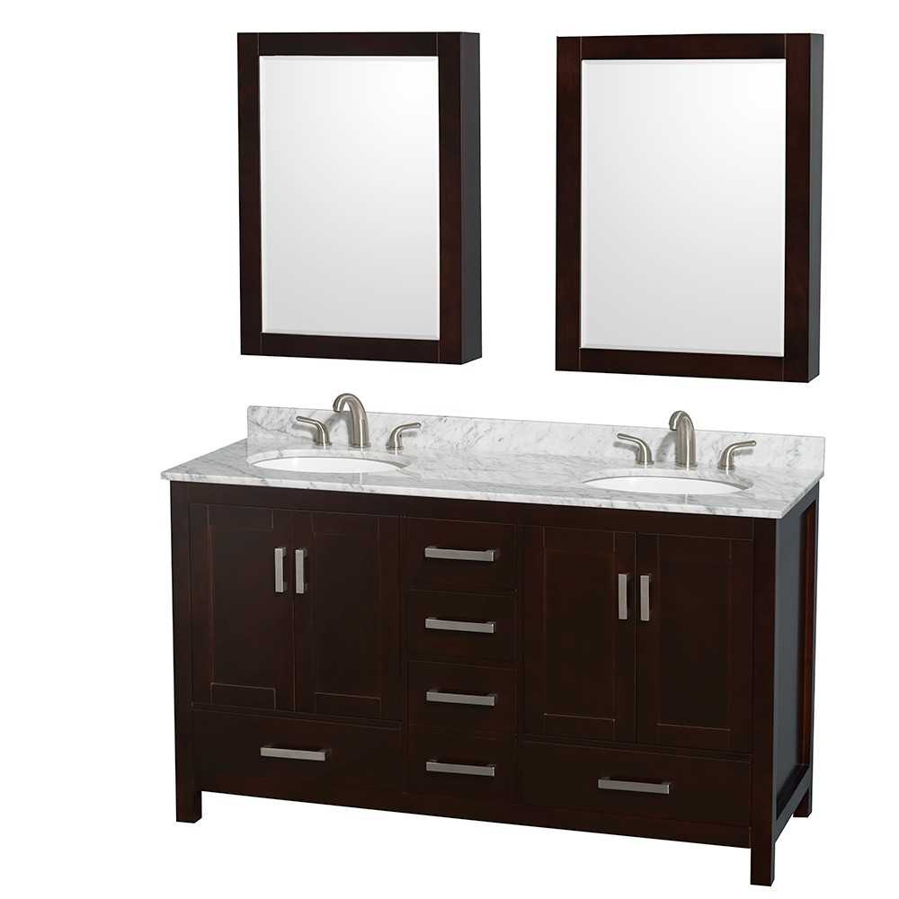 60 Inch Double Bathroom Vanity in Espresso, White Carrara Marble Countertop, Oval Sinks, Medicine Cabinets