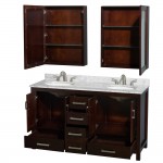 60 Inch Double Bathroom Vanity in Espresso, White Carrara Marble Countertop, Oval Sinks, Medicine Cabinets