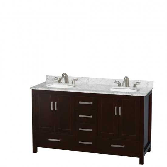 60 Inch Double Bathroom Vanity in Espresso, White Carrara Marble Countertop, Oval Sinks, No Mirror