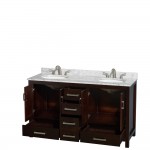 60 Inch Double Bathroom Vanity in Espresso, White Carrara Marble Countertop, Oval Sinks, No Mirror