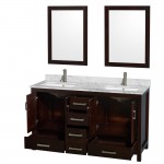 60 Inch Double Bathroom Vanity in Espresso, White Carrara Marble Countertop, Sinks, 24 Inch Mirrors