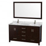60 Inch Double Bathroom Vanity in Espresso, White Carrara Marble Countertop, Sinks, 58 Inch Mirror