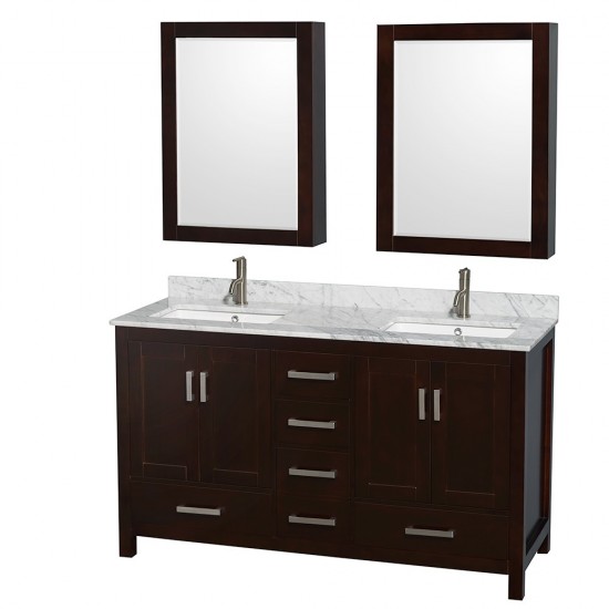 60 Inch Double Bathroom Vanity in Espresso, White Carrara Marble Countertop, Sinks, Medicine Cabinets