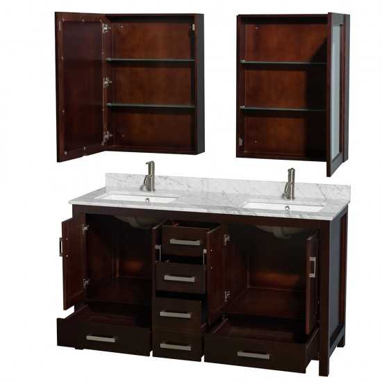 60 Inch Double Bathroom Vanity in Espresso, White Carrara Marble Countertop, Sinks, Medicine Cabinets