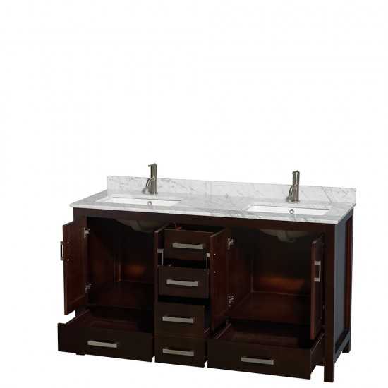 60 Inch Double Bathroom Vanity in Espresso, White Carrara Marble Countertop, Sinks, No Mirror