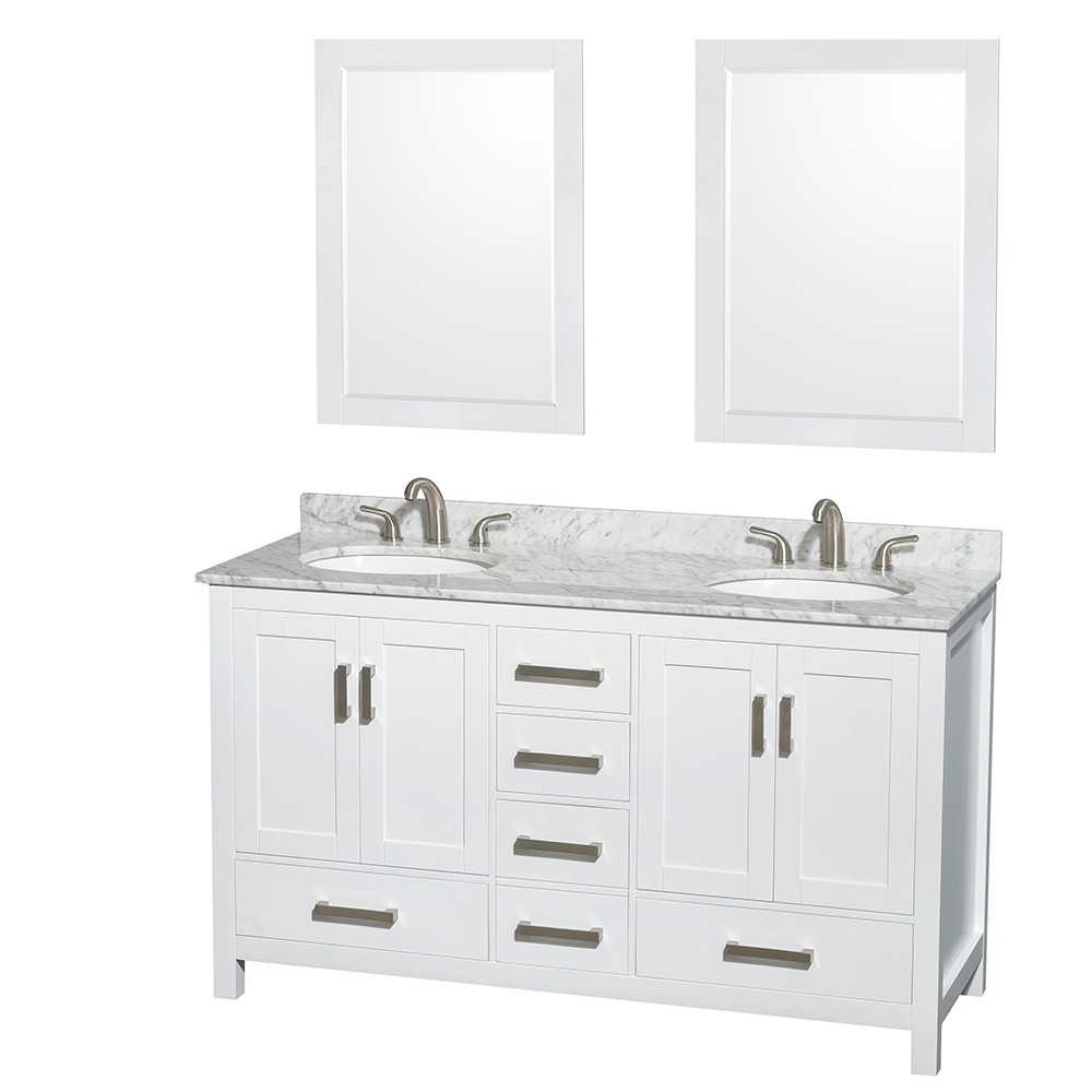 60 Inch Double Bathroom Vanity in White, White Carrara Marble Countertop, Oval Sinks, 24 Inch Mirrors