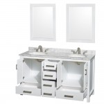 60 Inch Double Bathroom Vanity in White, White Carrara Marble Countertop, Oval Sinks, 24 Inch Mirrors