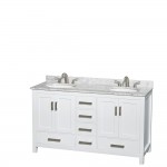 60 Inch Double Bathroom Vanity in White, White Carrara Marble Countertop, Oval Sinks, 24 Inch Mirrors