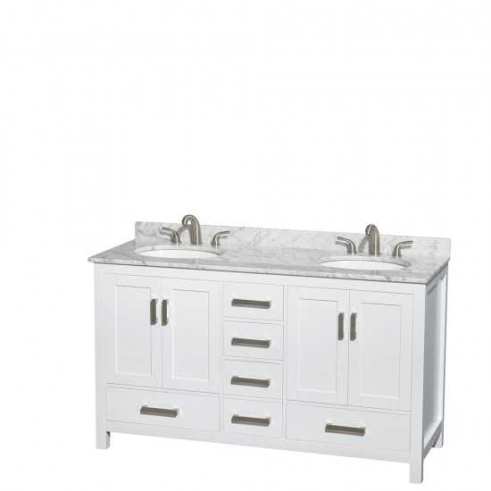 60 Inch Double Bathroom Vanity in White, White Carrara Marble Countertop, Oval Sinks, 24 Inch Mirrors