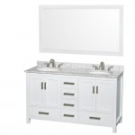 60 Inch Double Bathroom Vanity in White, White Carrara Marble Countertop, Oval Sinks, 58 Inch Mirror