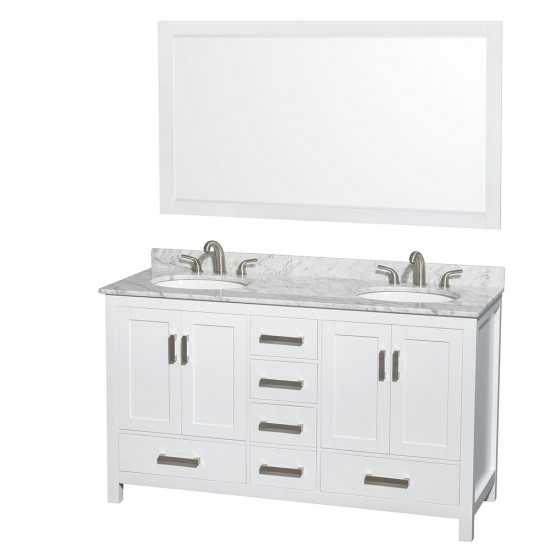 60 Inch Double Bathroom Vanity in White, White Carrara Marble Countertop, Oval Sinks, 58 Inch Mirror