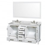 60 Inch Double Bathroom Vanity in White, White Carrara Marble Countertop, Oval Sinks, 58 Inch Mirror