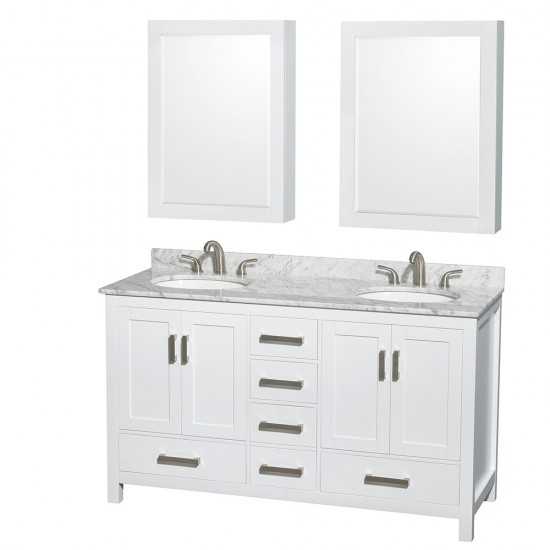 60 Inch Double Bathroom Vanity in White, White Carrara Marble Countertop, Oval Sinks, Medicine Cabinets