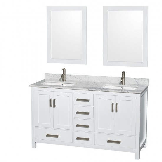 60 Inch Double Bathroom Vanity in White, White Carrara Marble Countertop, Sinks, 24 Inch Mirrors