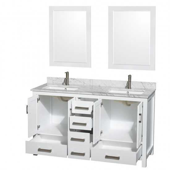 60 Inch Double Bathroom Vanity in White, White Carrara Marble Countertop, Sinks, 24 Inch Mirrors