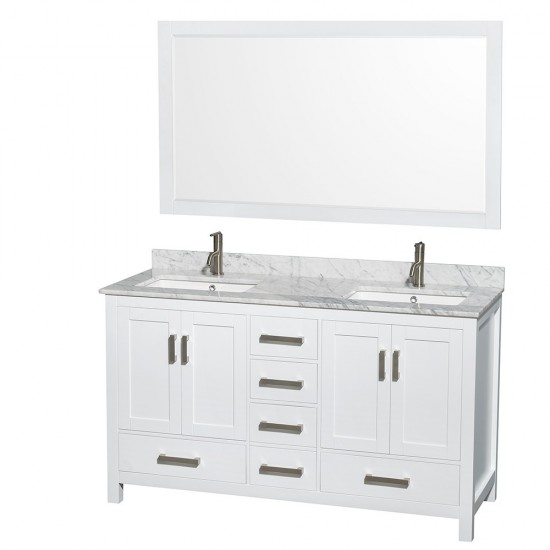 60 Inch Double Bathroom Vanity in White, White Carrara Marble Countertop, Sinks, 58 Inch Mirror