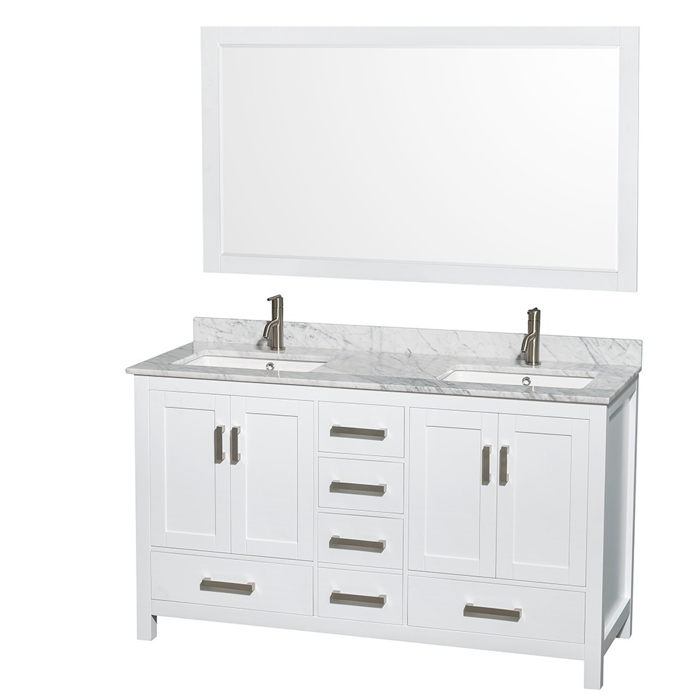 60 Inch Double Bathroom Vanity in White, White Carrara Marble Countertop, Sinks, 58 Inch Mirror