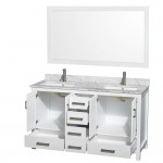 60 Inch Double Bathroom Vanity in White, White Carrara Marble Countertop, Sinks, 58 Inch Mirror