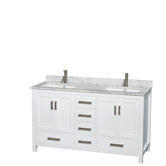 60 Inch Double Bathroom Vanity in White, White Carrara Marble Countertop, Sinks, 58 Inch Mirror