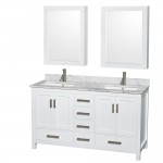 60 Inch Double Bathroom Vanity in White, White Carrara Marble Countertop, Sinks, Medicine Cabinets