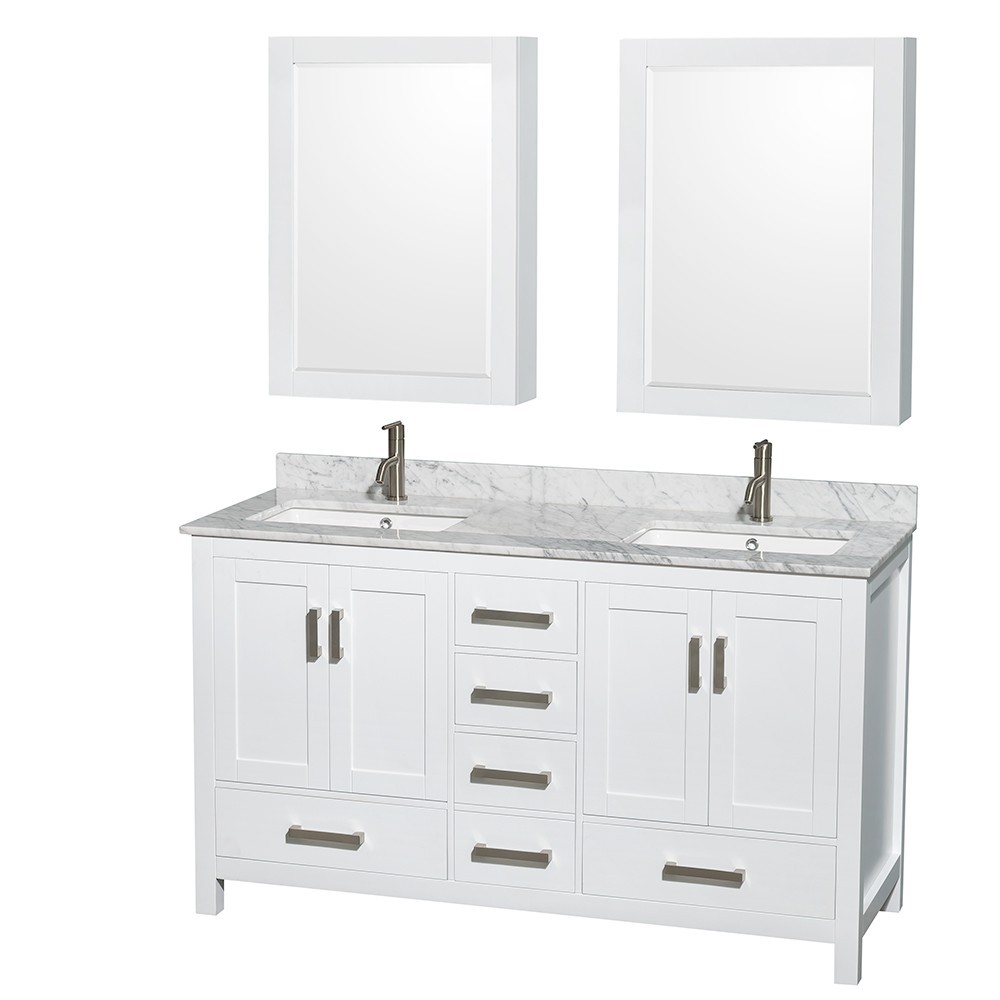 60 Inch Double Bathroom Vanity in White, White Carrara Marble Countertop, Sinks, Medicine Cabinets