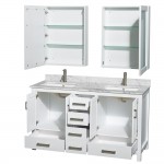 60 Inch Double Bathroom Vanity in White, White Carrara Marble Countertop, Sinks, Medicine Cabinets