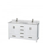 60 Inch Double Bathroom Vanity in White, White Carrara Marble Countertop, Sinks, Medicine Cabinets