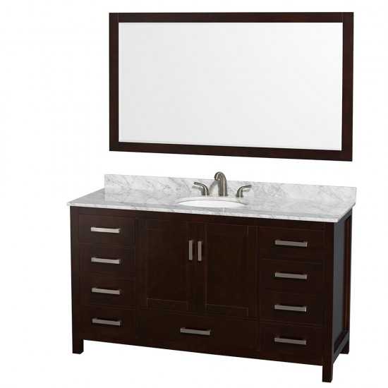 60 Inch Single Bathroom Vanity in Espresso, White Carrara Marble Countertop, Oval Sink, 58 Inch Mirror